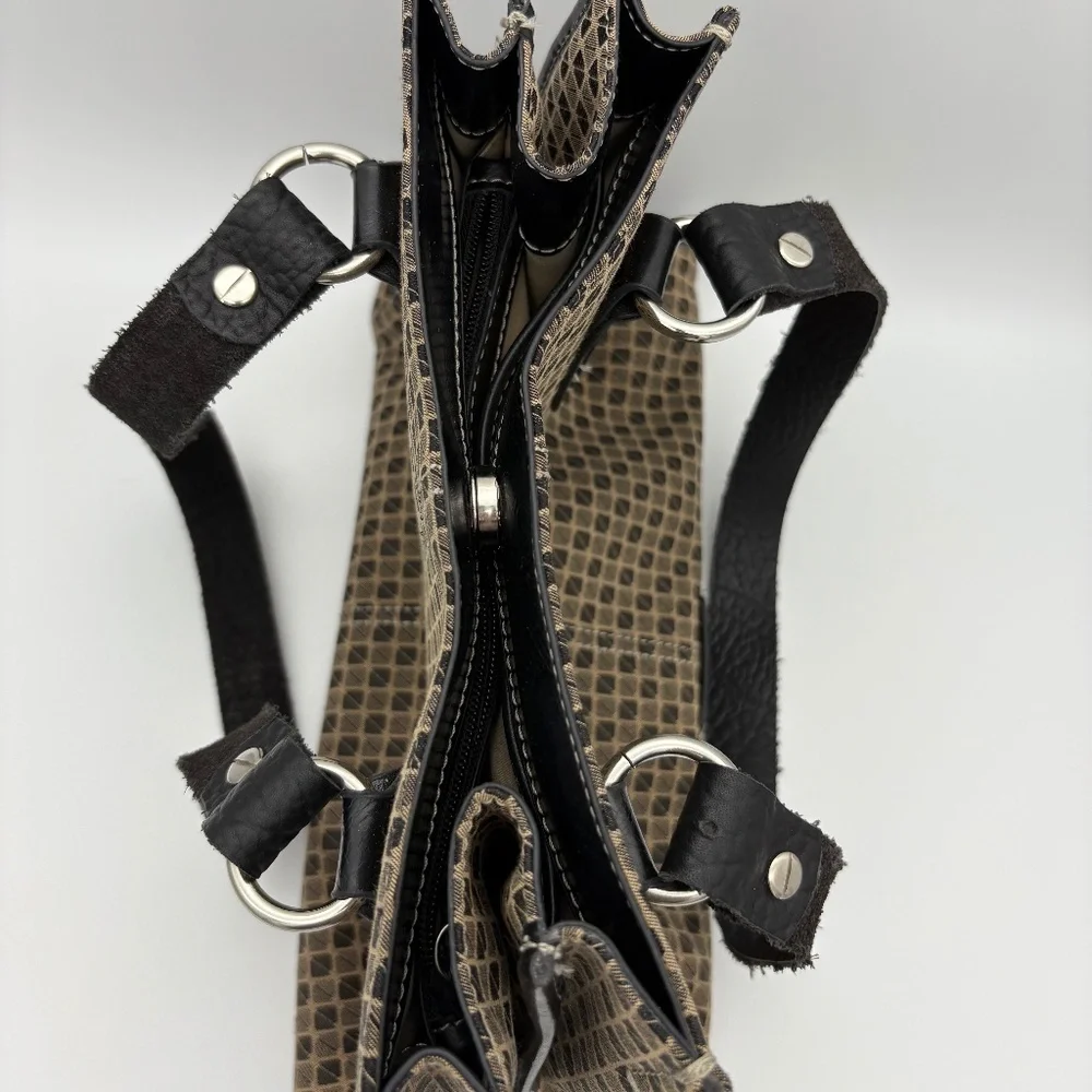 Nine & Co Satchel with Brown/Tan Checkered Pattern and Brown Leather Trim/Handle - Picture 10 of 16